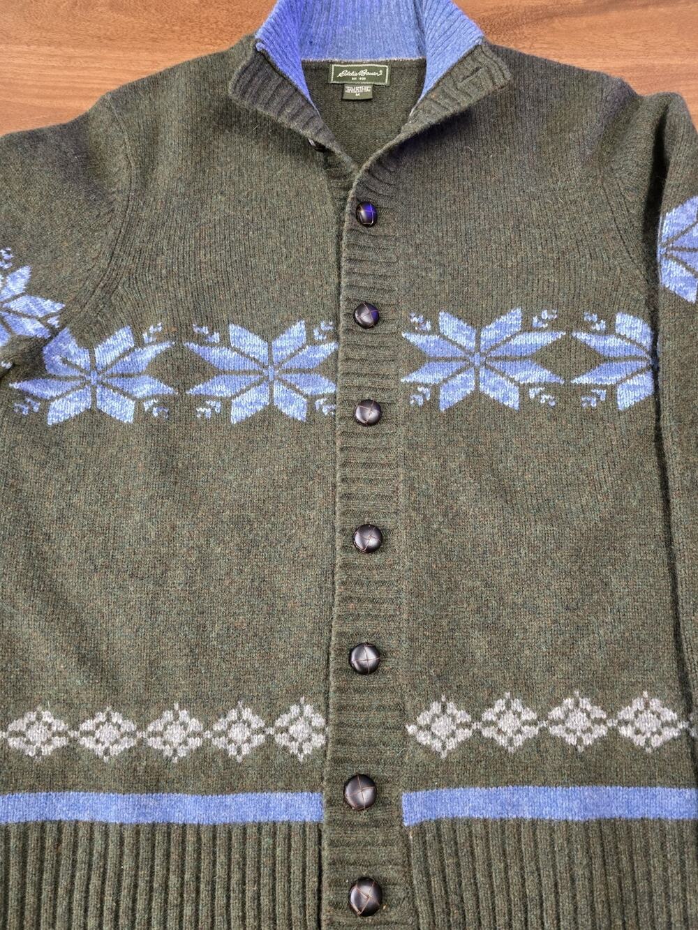 Eddie Bauer Lambswool Sweater Cardigan Mens Medium Olive Green